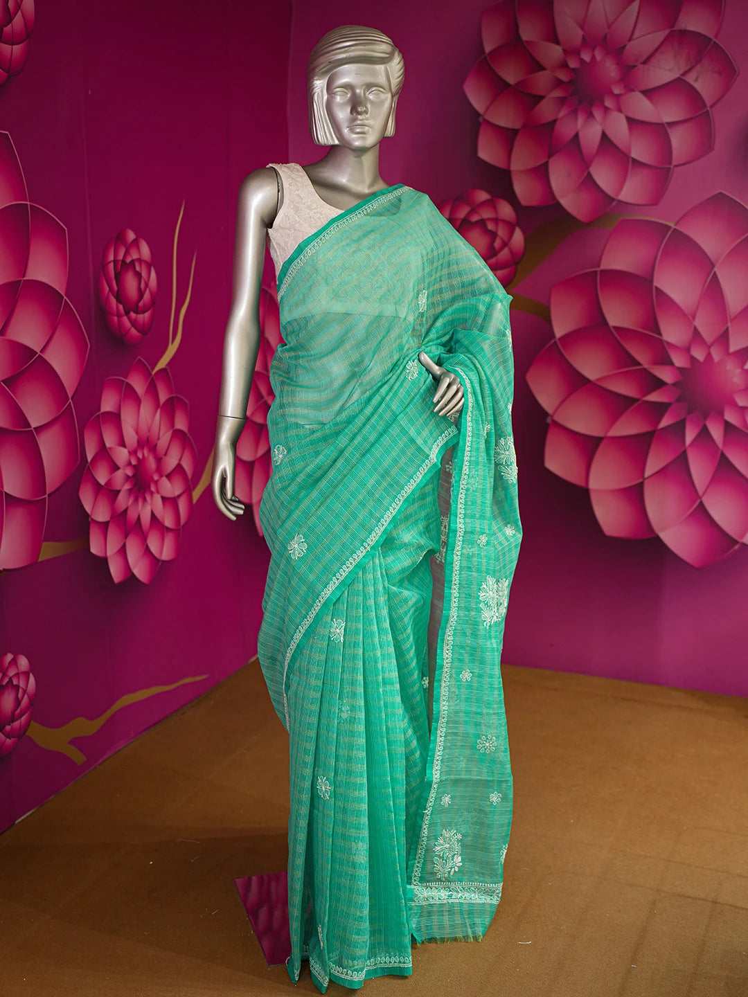 Ada Hand Embroidered Rama Green Super Net Lucknowi Chikankari Saree With Blouse And Zari Work 01A592620
