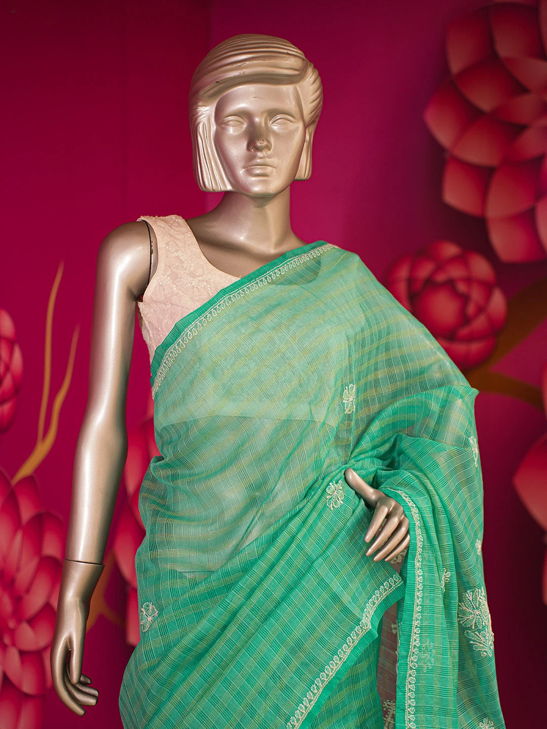 Ada Hand Embroidered Rama Green Super Net Lucknowi Chikankari Saree With Blouse And Zari Work 01A592620