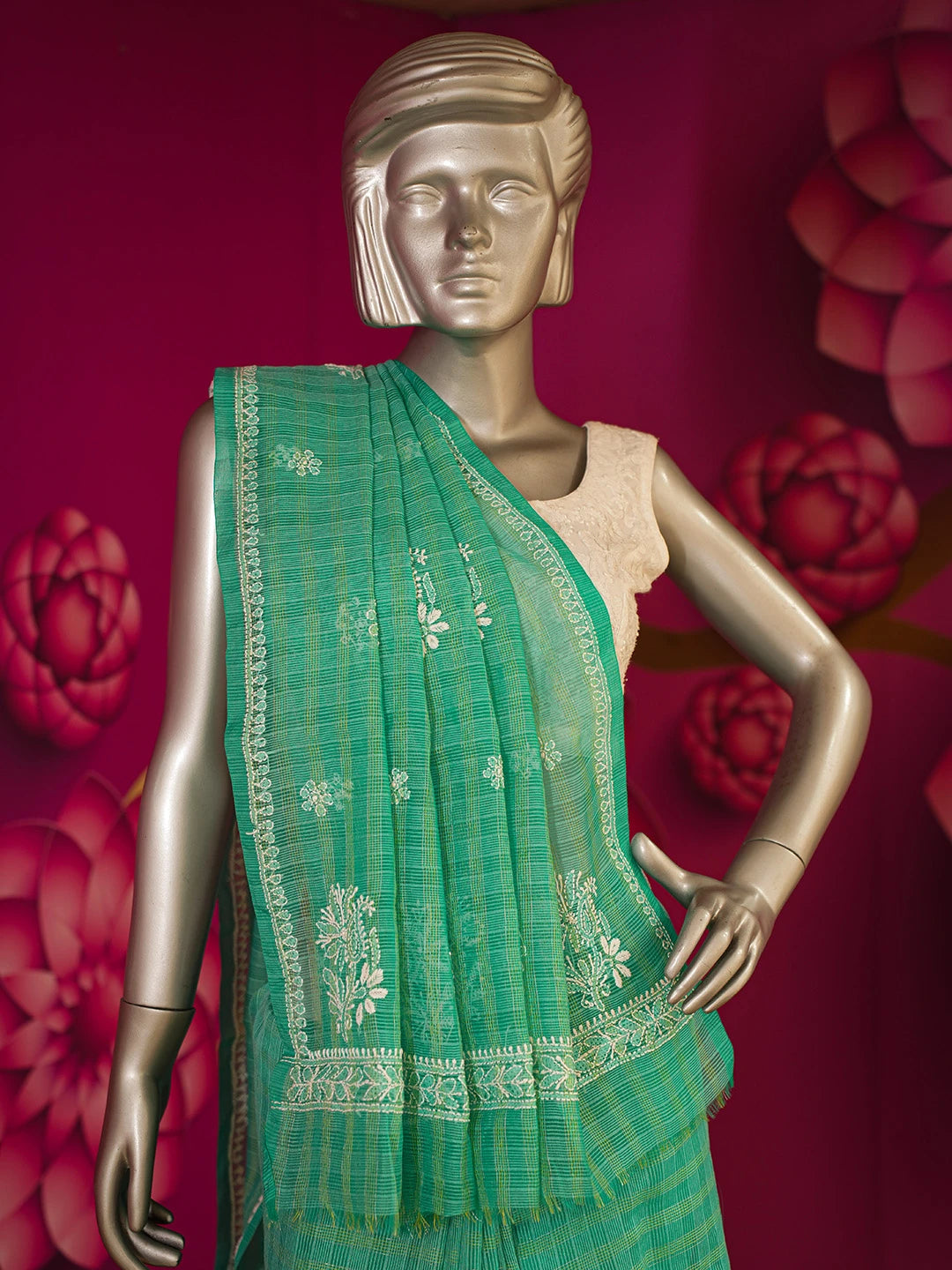 Ada Hand Embroidered Rama Green Super Net Lucknowi Chikankari Saree With Blouse And Zari Work 01A592620