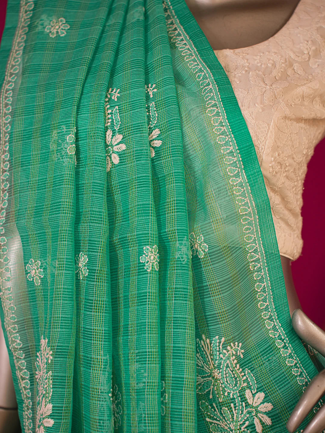 Ada Hand Embroidered Rama Green Super Net Lucknowi Chikankari Saree With Blouse And Zari Work 01A592620