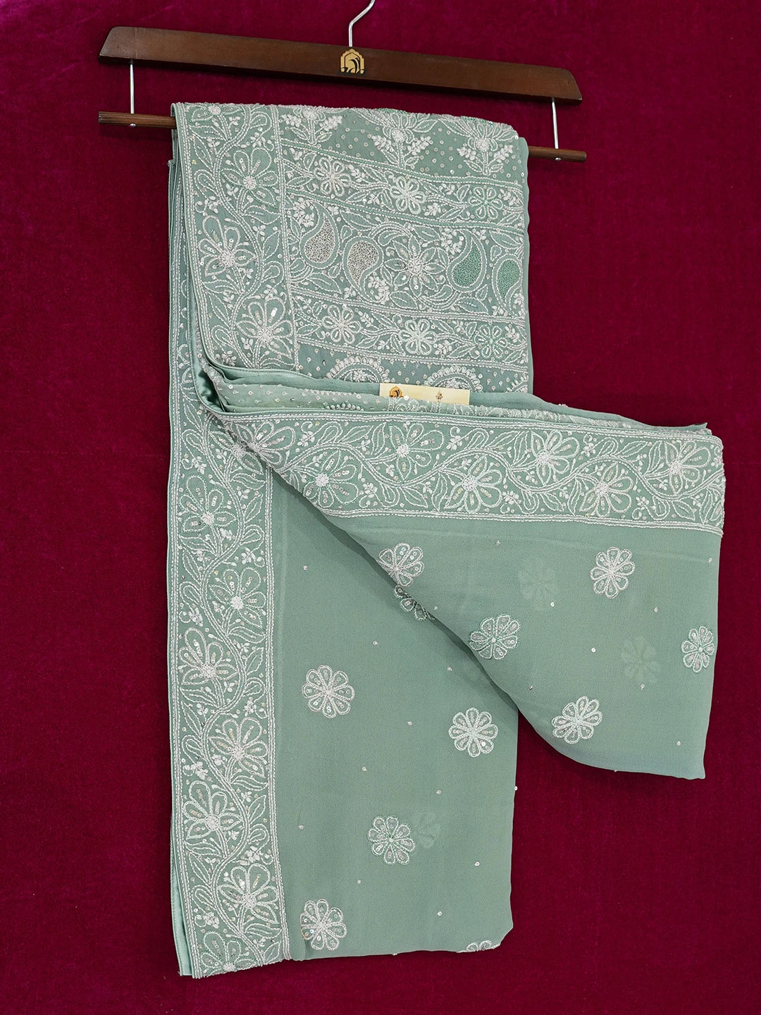 Ada Hand Embroidered Teal Green Pure Georgette Lucknowi Chikankari Saree/Blouse with Cutdana Work 01A567467