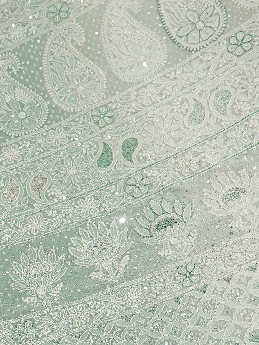 Ada Hand Embroidered Teal Green Pure Georgette Lucknowi Chikankari Saree/Blouse with Cutdana Work 01A567467