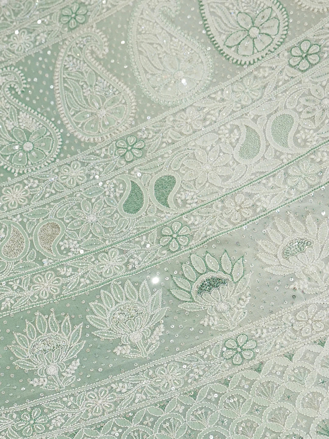 Ada Hand Embroidered Teal Green Pure Georgette Lucknowi Chikankari Saree/Blouse with Cutdana Work 01A567467