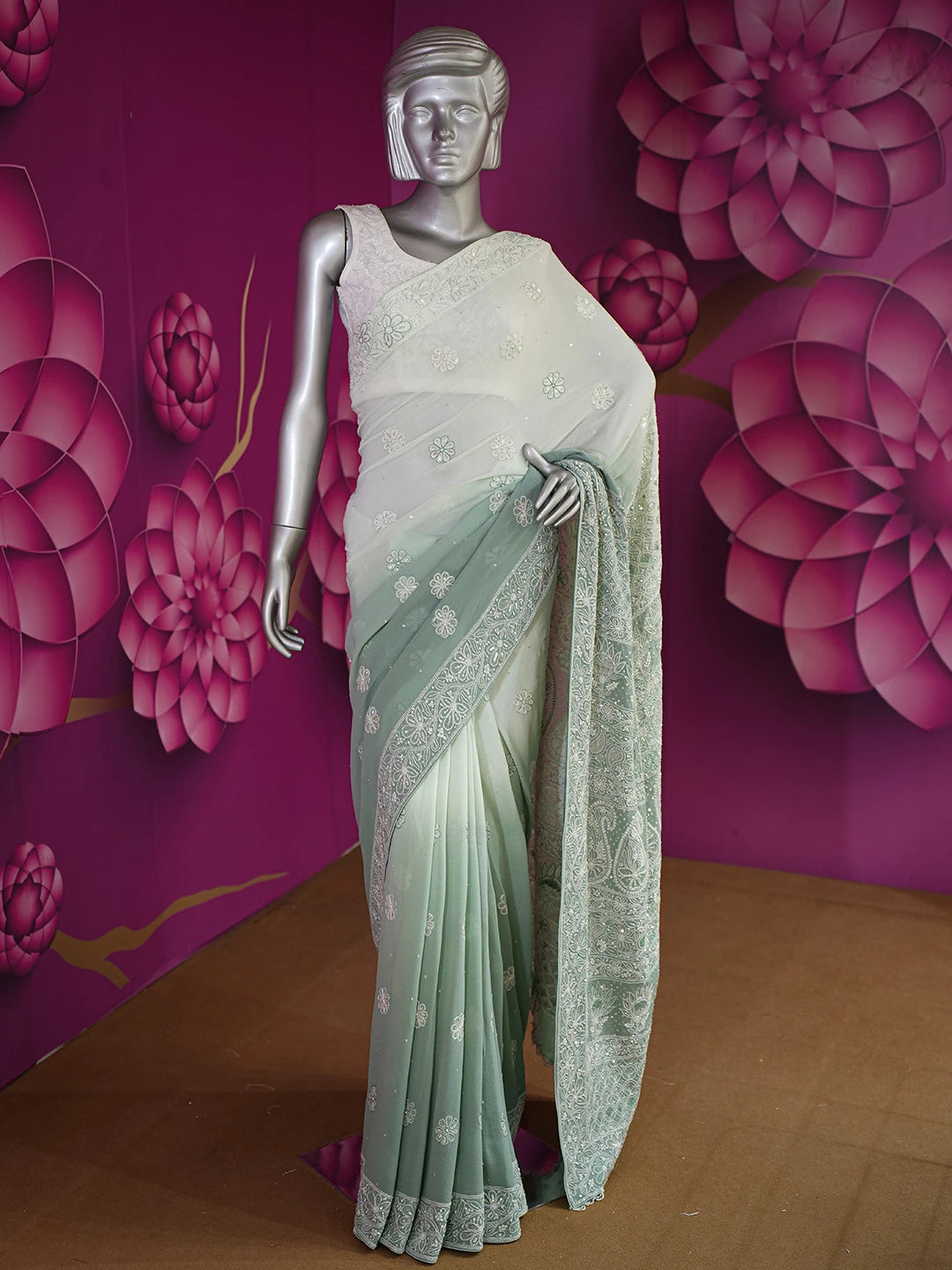 Ada Hand Embroidered Teal Green Pure Georgette Lucknowi Chikankari Saree/Blouse with Cutdana Work 01A567467