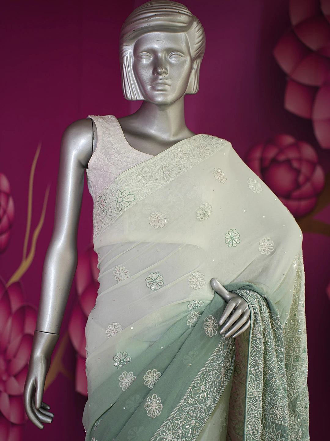 Ada Hand Embroidered Teal Green Pure Georgette Lucknowi Chikankari Saree/Blouse with Cutdana Work 01A567467