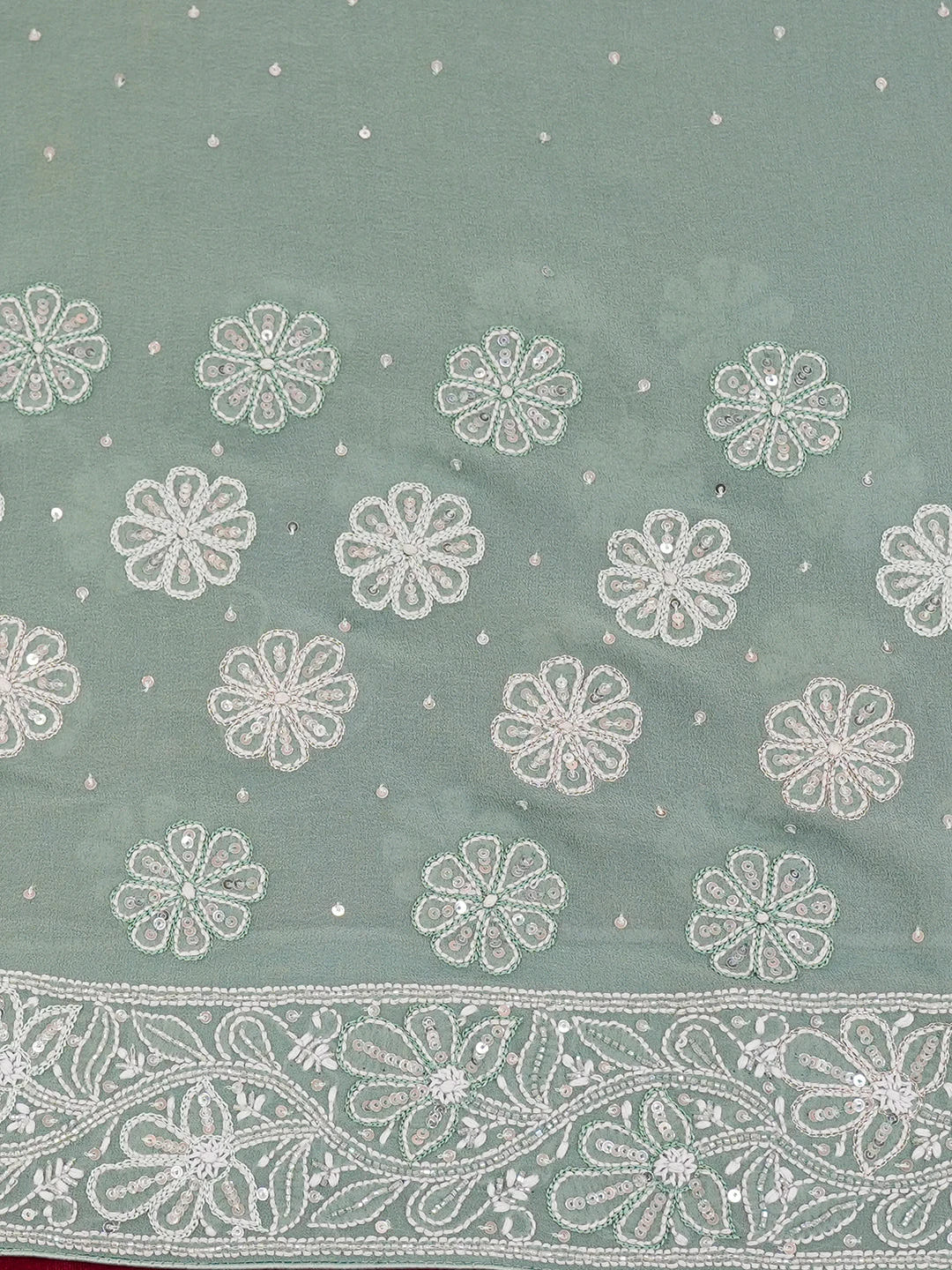 Ada Hand Embroidered Teal Green Pure Georgette Lucknowi Chikankari Saree/Blouse with Cutdana Work 01A567467