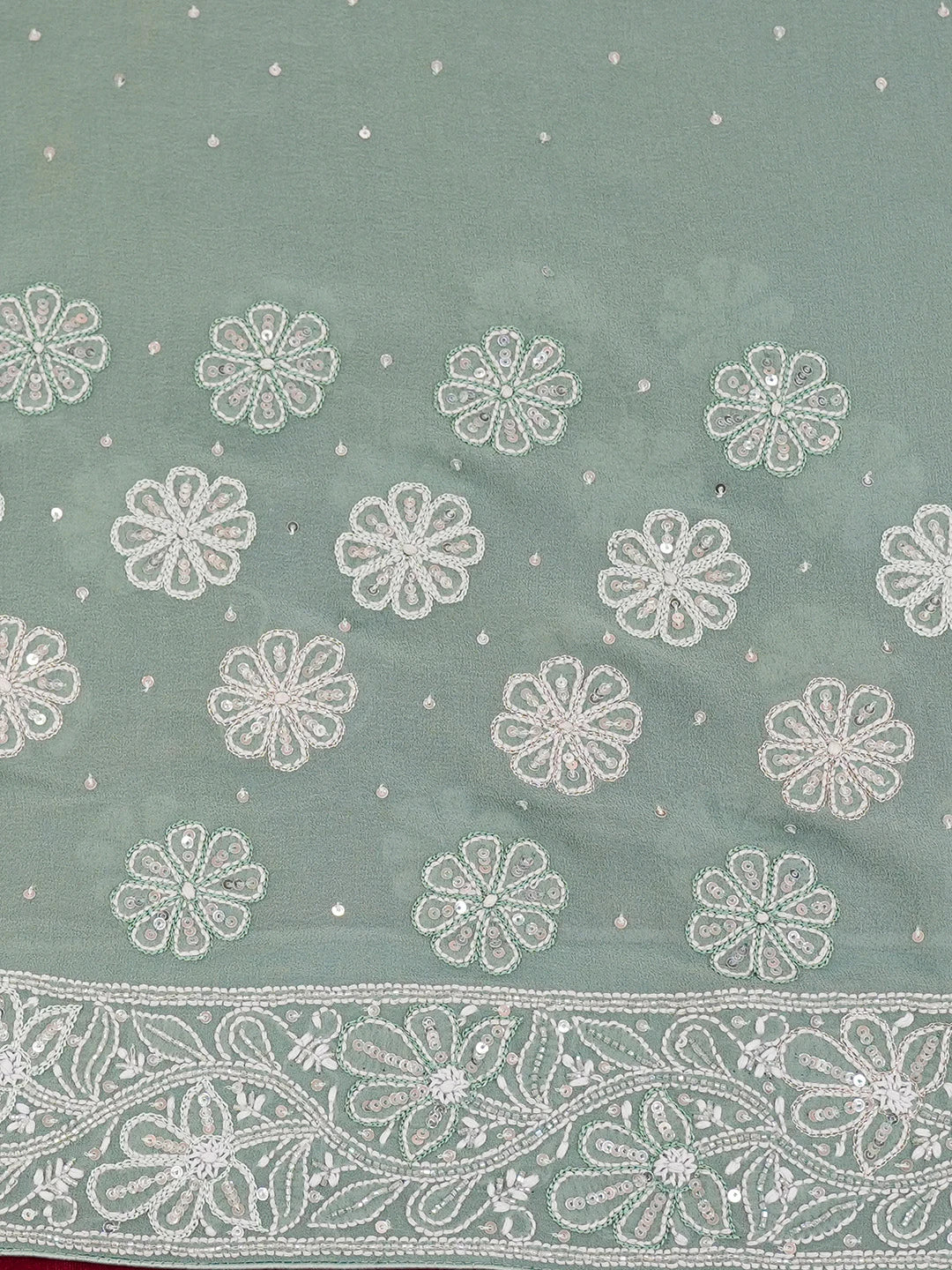 Ada Hand Embroidered Teal Green Pure Georgette Lucknowi Chikankari Saree/Blouse with Cutdana Work 01A567467