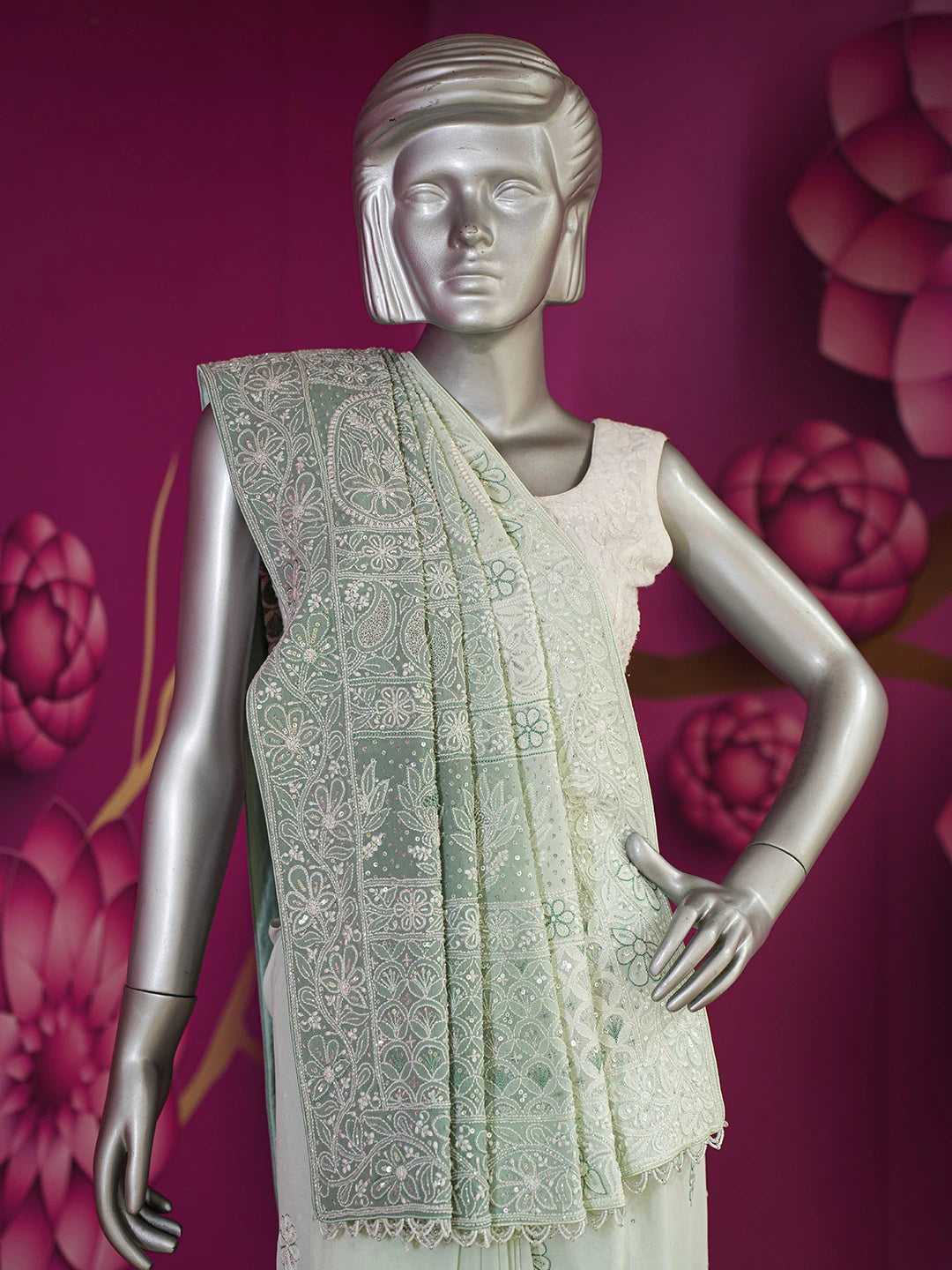 Ada Hand Embroidered Teal Green Pure Georgette Lucknowi Chikankari Saree/Blouse with Cutdana Work 01A567467