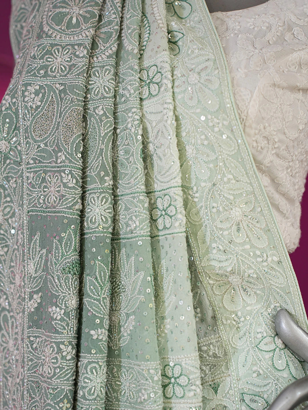 Ada Hand Embroidered Teal Green Pure Georgette Lucknowi Chikankari Saree/Blouse with Cutdana Work 01A567467