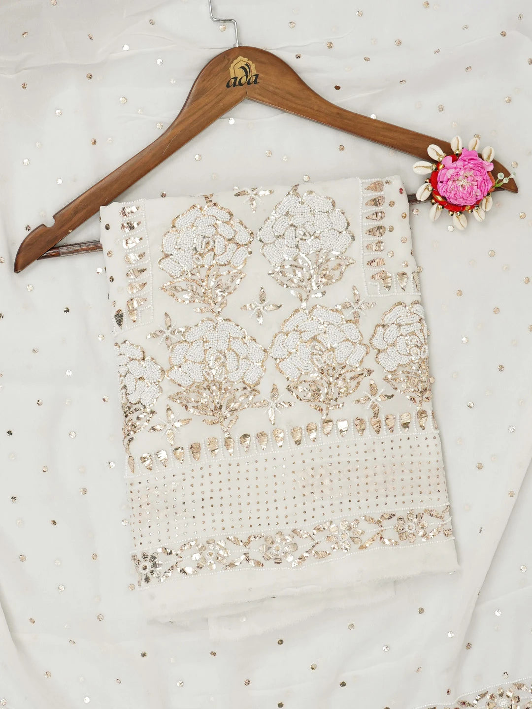 Ada Hand Embroidered White Viscose Georgette Lucknowi Chikankari Unstitched Kurta Dupatta Set with Cutdana and Muqaish Work 01A614769