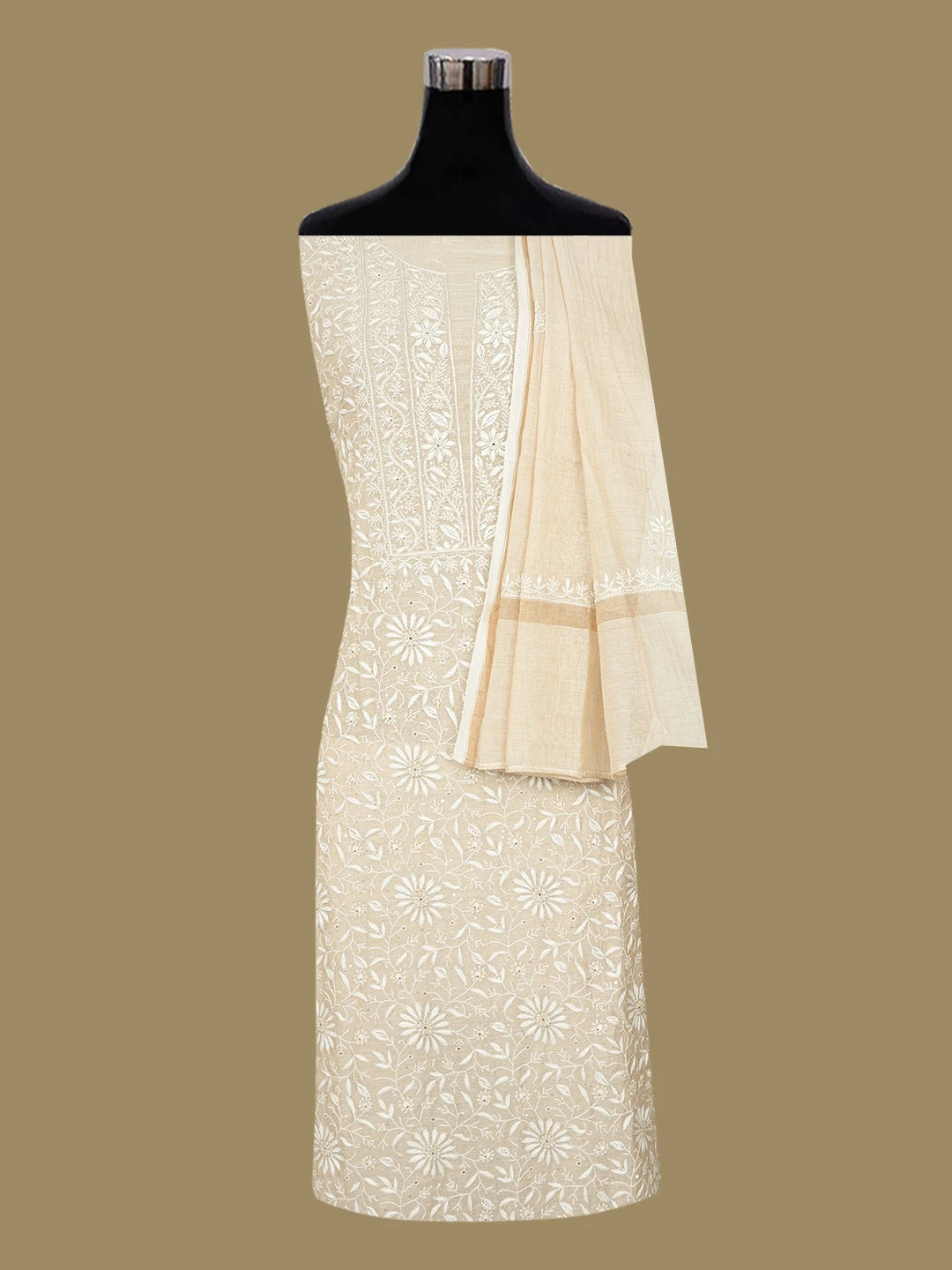 Ada Hand Embroidered Fawn Tissue Lucknowi Chikankari Unstitched Kurta Dupatta Set With Sequinned Work 01A630046