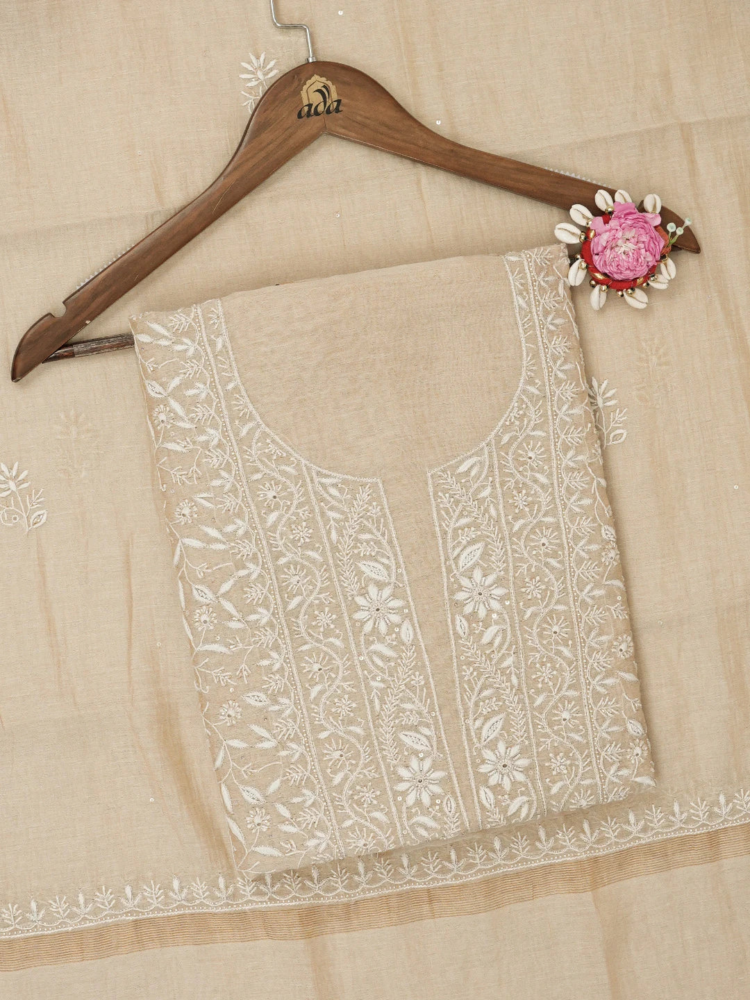 Ada Hand Embroidered Fawn Tissue Lucknowi Chikankari Unstitched Kurta Dupatta Set With Sequinned Work 01A630046