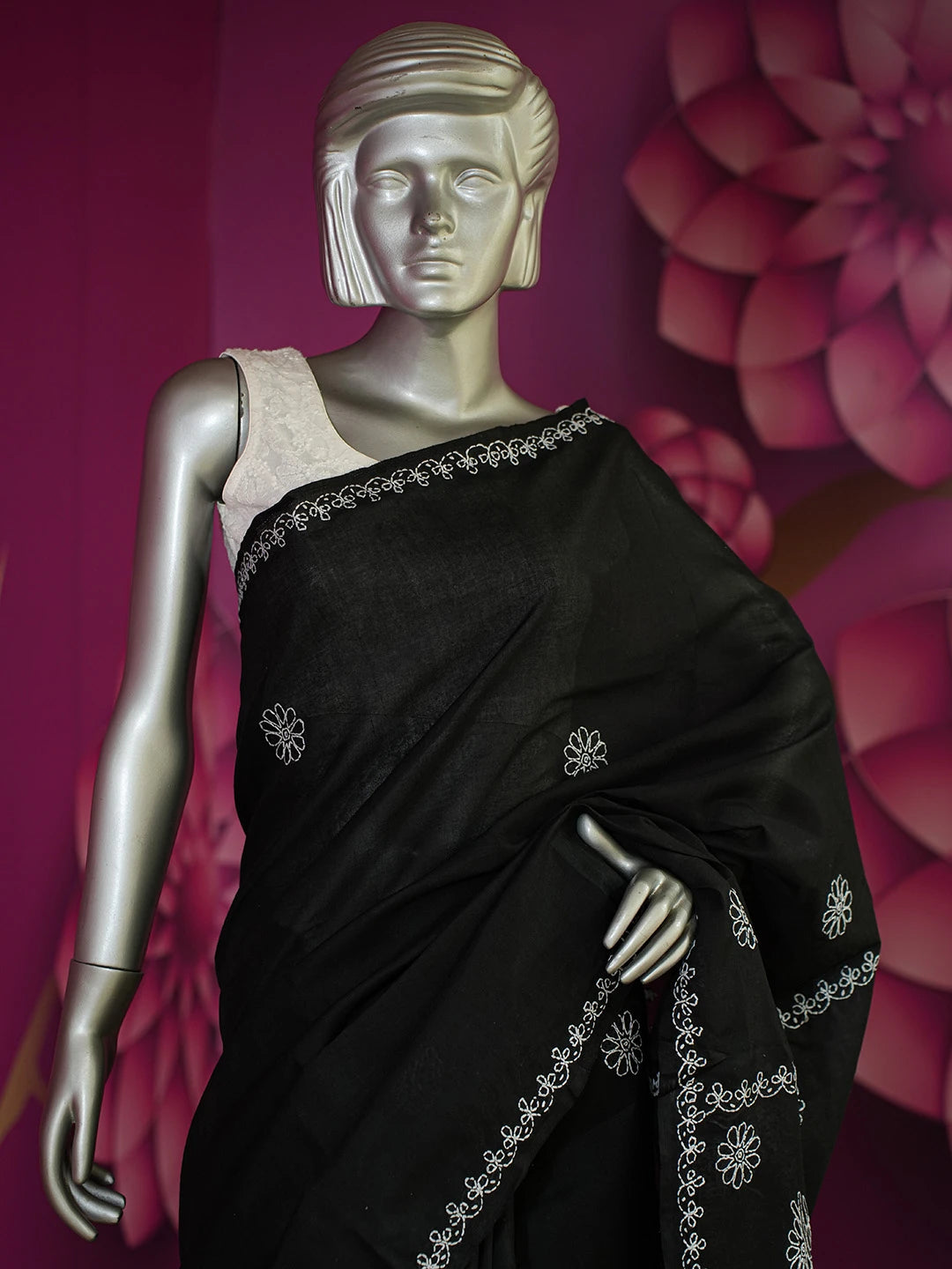 Ada Hand Embroidered Black Cotton Lucknowi Chikankari Saree With Blouse 01A626158