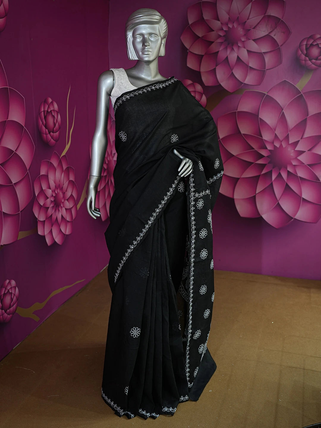 Ada Hand Embroidered Black Cotton Lucknowi Chikankari Saree With Blouse 01A626158