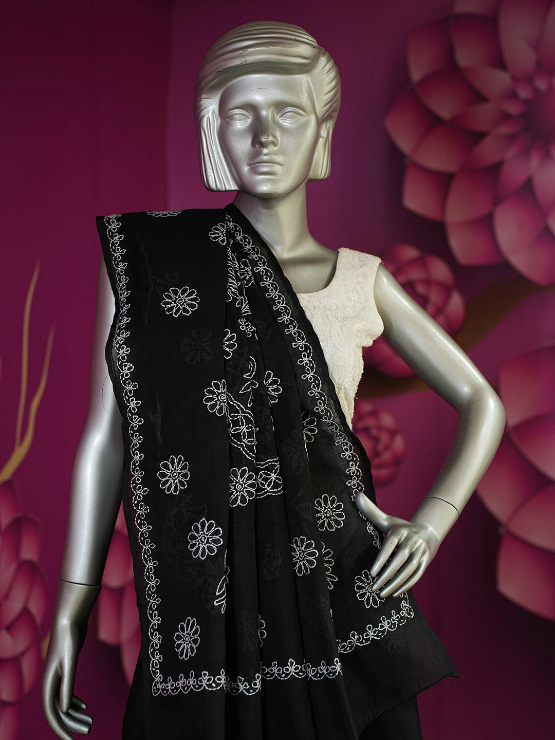 Ada Hand Embroidered Black Cotton Lucknowi Chikankari Saree With Blouse 01A626158