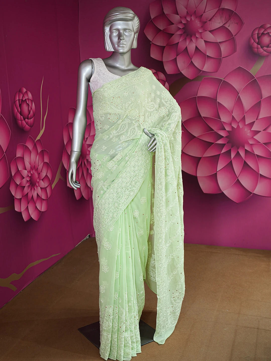 Ada Hand Embroidered Lime Green Pure Georgette Lucknowi Chikankari Saree and Blouse With Muqaish Work 01A404683
