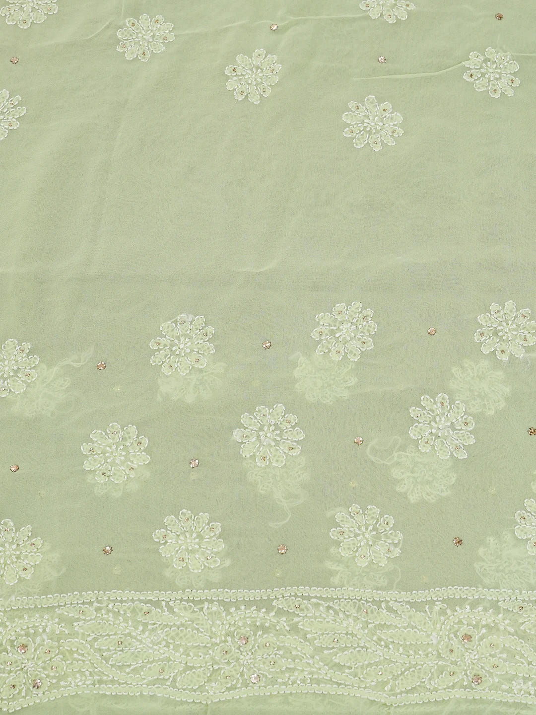 Ada Hand Embroidered Lime Green Pure Georgette Lucknowi Chikankari Saree and Blouse With Muqaish Work 01A404683