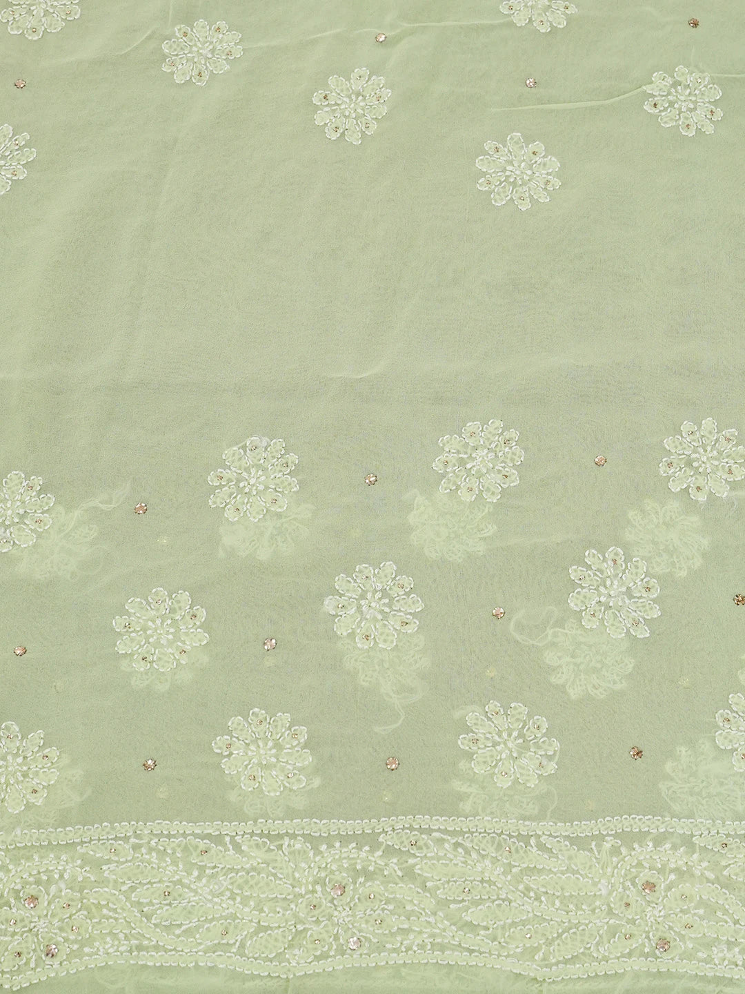 Ada Hand Embroidered Lime Green Pure Georgette Lucknowi Chikankari Saree and Blouse With Muqaish Work 01A404683