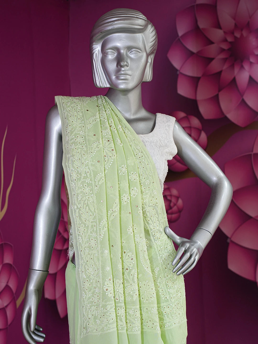 Ada Hand Embroidered Lime Green Pure Georgette Lucknowi Chikankari Saree and Blouse With Muqaish Work 01A404683
