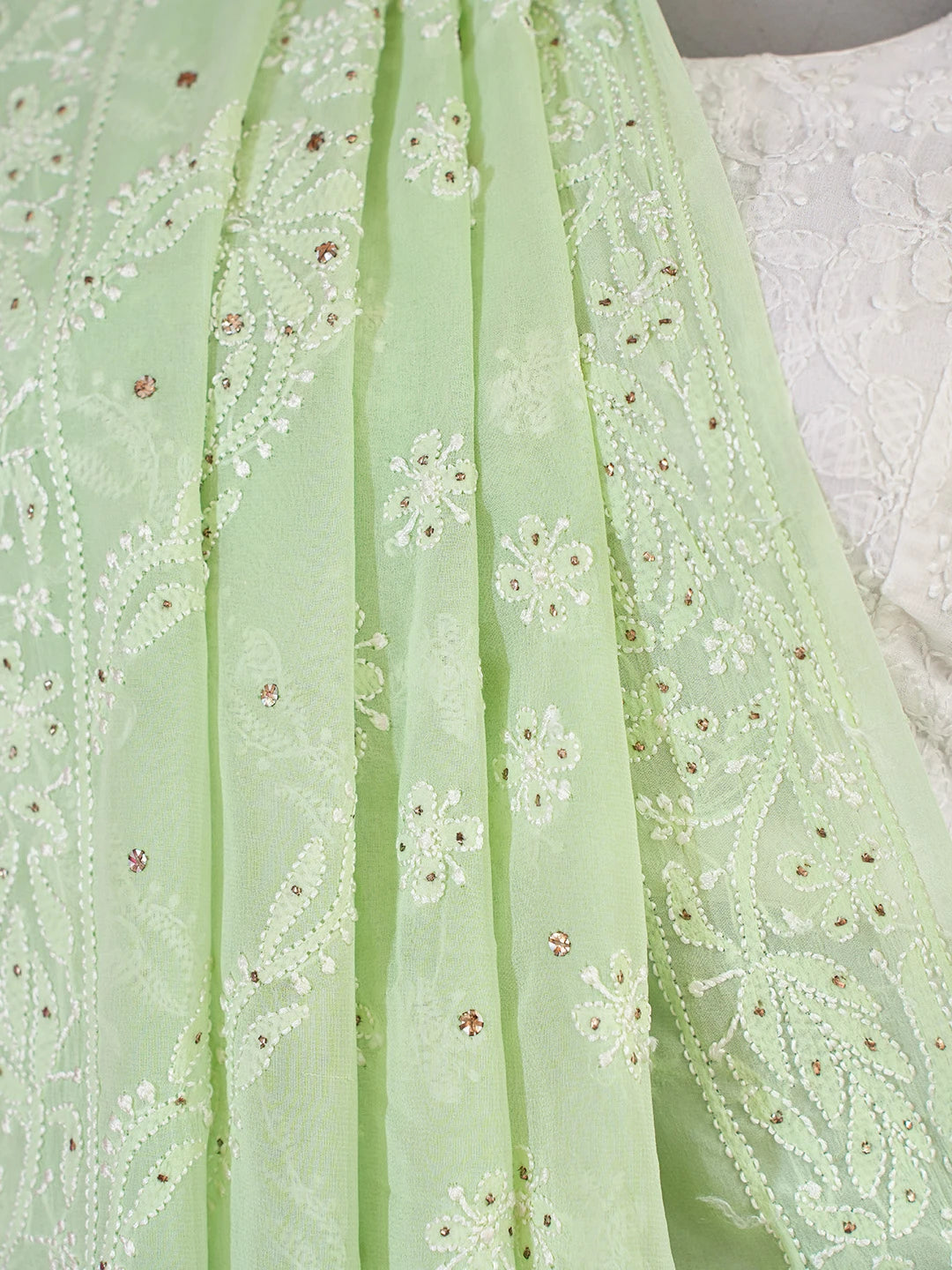 Ada Hand Embroidered Lime Green Pure Georgette Lucknowi Chikankari Saree and Blouse With Muqaish Work 01A404683