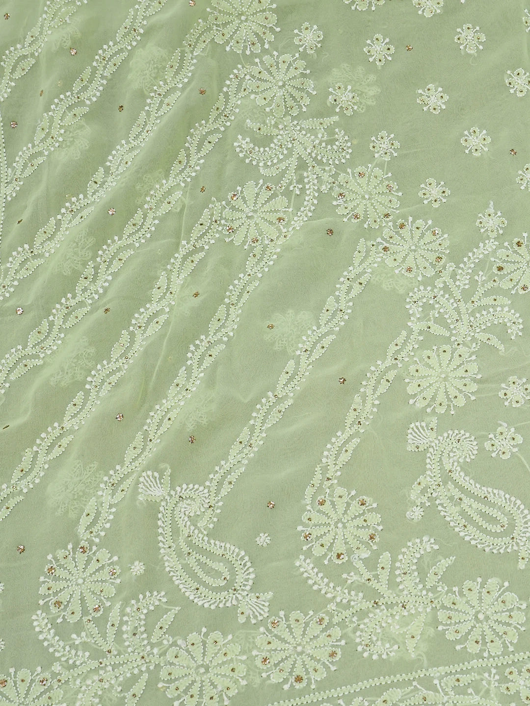 Ada Hand Embroidered Lime Green Pure Georgette Lucknowi Chikankari Saree and Blouse With Muqaish Work 01A404683