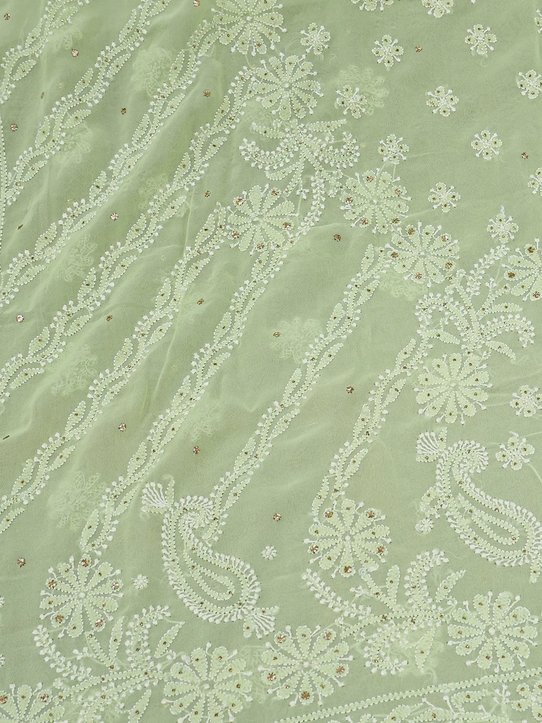 Ada Hand Embroidered Lime Green Pure Georgette Lucknowi Chikankari Saree and Blouse With Muqaish Work 01A404683