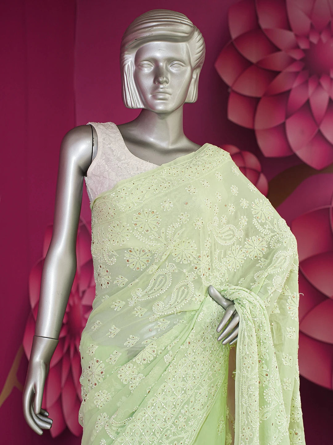 Ada Hand Embroidered Lime Green Pure Georgette Lucknowi Chikankari Saree and Blouse With Muqaish Work 01A404683