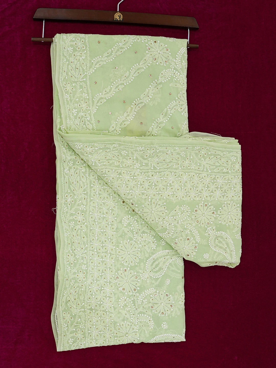 Ada Hand Embroidered Lime Green Pure Georgette Lucknowi Chikankari Saree and Blouse With Muqaish Work 01A404683