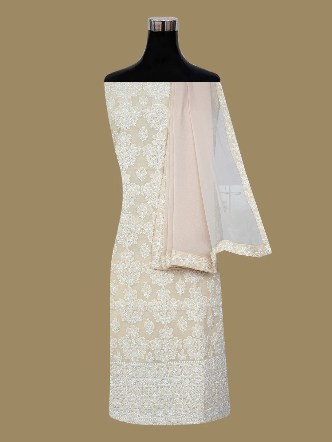 Ada Hand Embroidered Fawn Cotton Lucknowi Chikankari Unstitched Suit Piece 01A670255