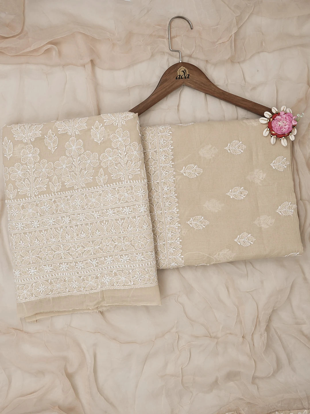 Ada Hand Embroidered Fawn Cotton Lucknowi Chikankari Unstitched Suit Piece 01A670255