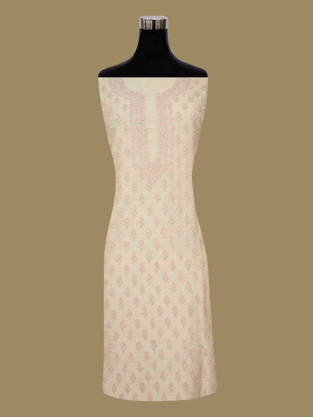 Ada Hand Embroidered Fawn Moonga Silk Lucknowi Chikankari Unstitched Kurta Dupatta Set 01A641545