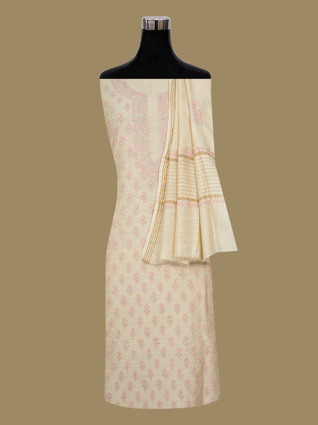 Ada Hand Embroidered Fawn Moonga Silk Lucknowi Chikankari Unstitched Kurta Dupatta Set 01A641545