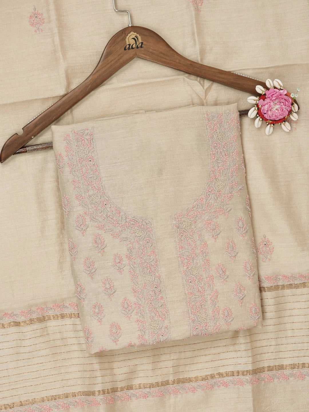 Ada Hand Embroidered Fawn Moonga Silk Lucknowi Chikankari Unstitched Kurta Dupatta Set 01A641545