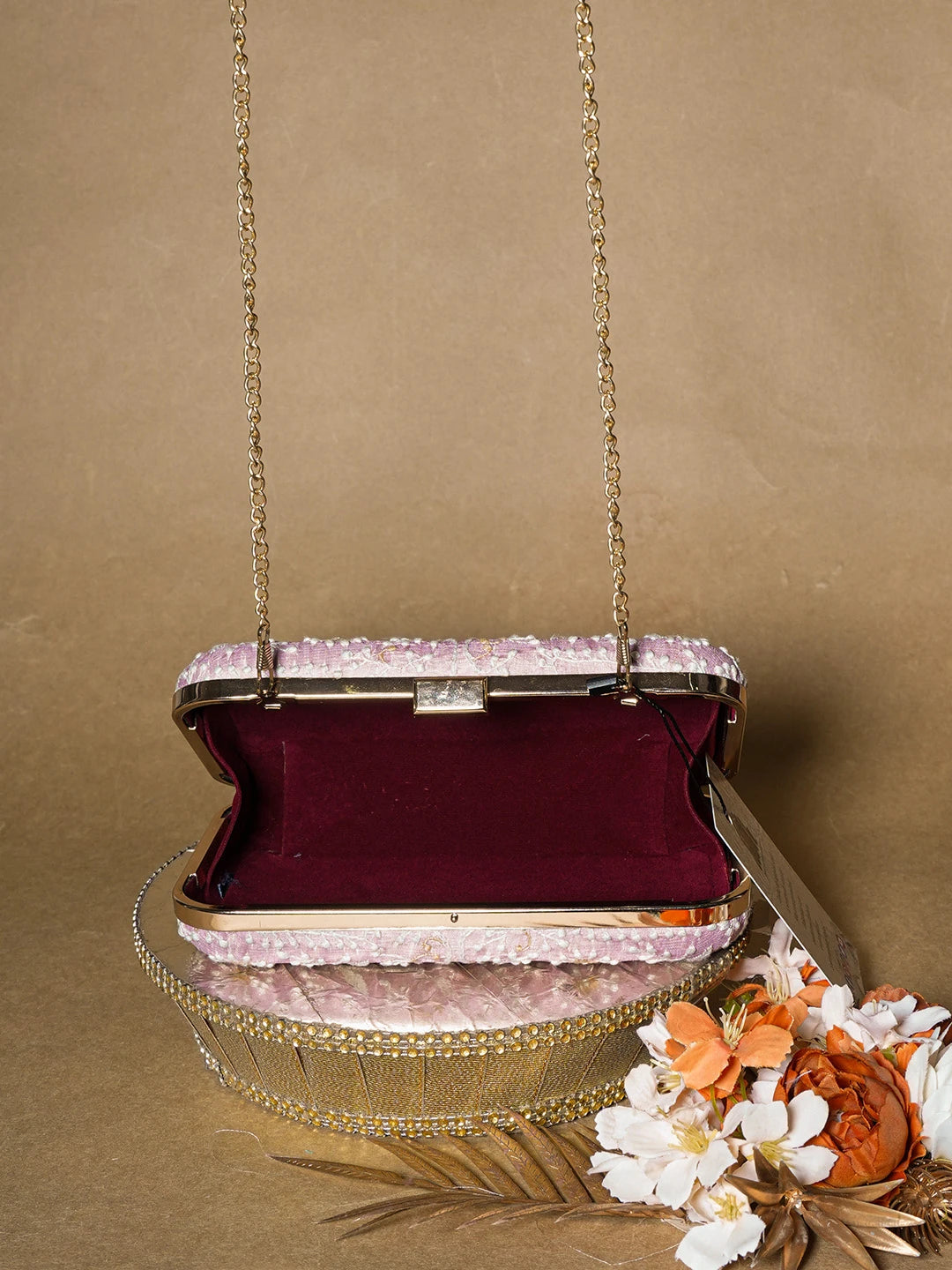Ada Hand Embroidered Lavender Silk Lucknowi Chikankari Clutch With Zari Work 01A657083
