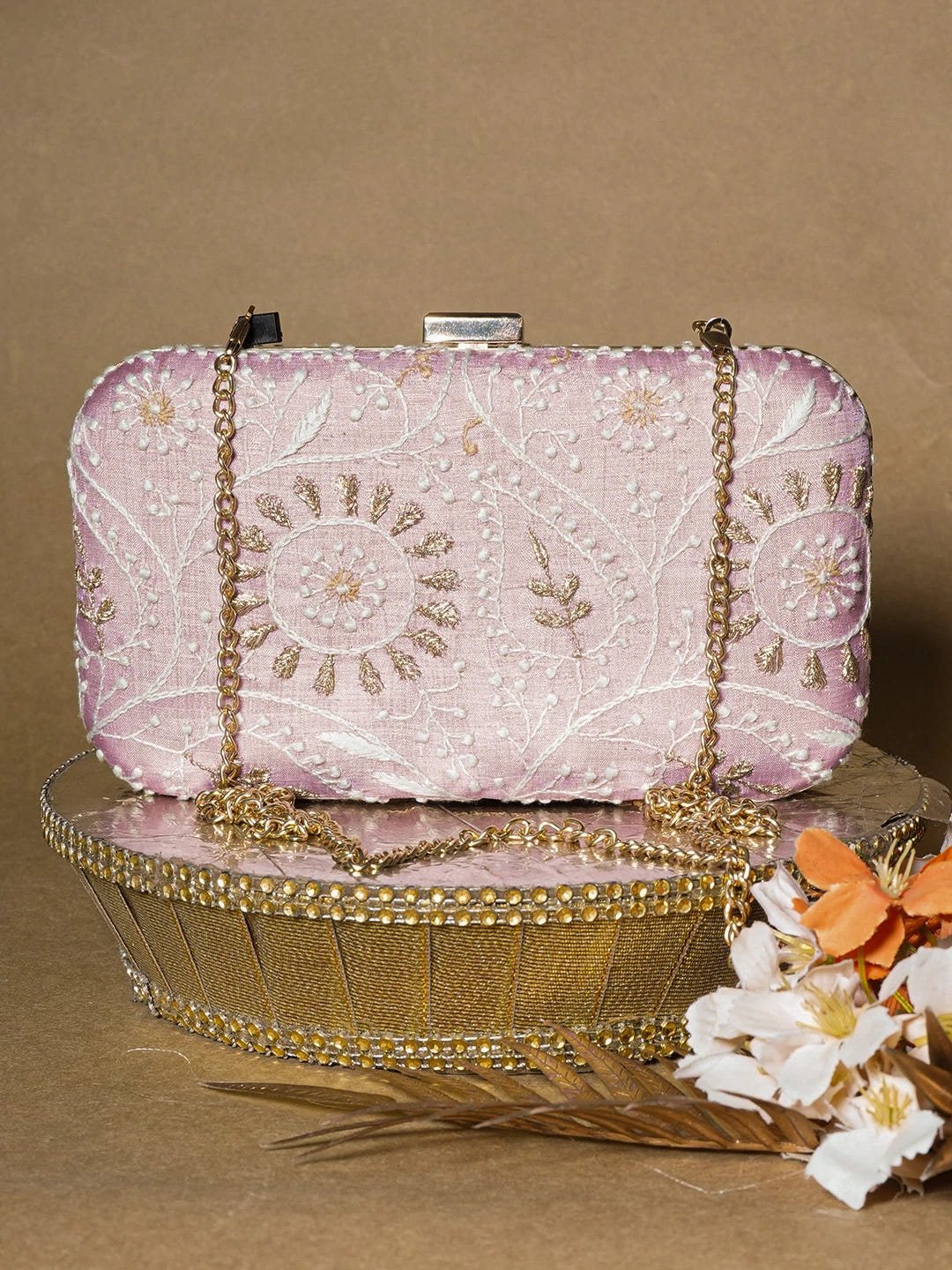 Ada Hand Embroidered Lavender Silk Lucknowi Chikankari Clutch With Zari Work 01A657083
