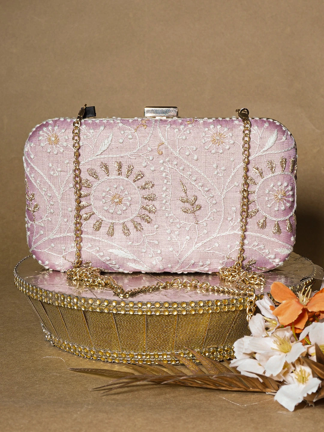 Ada Hand Embroidered Lavender Silk Lucknowi Chikankari Clutch With Zari Work 01A657083