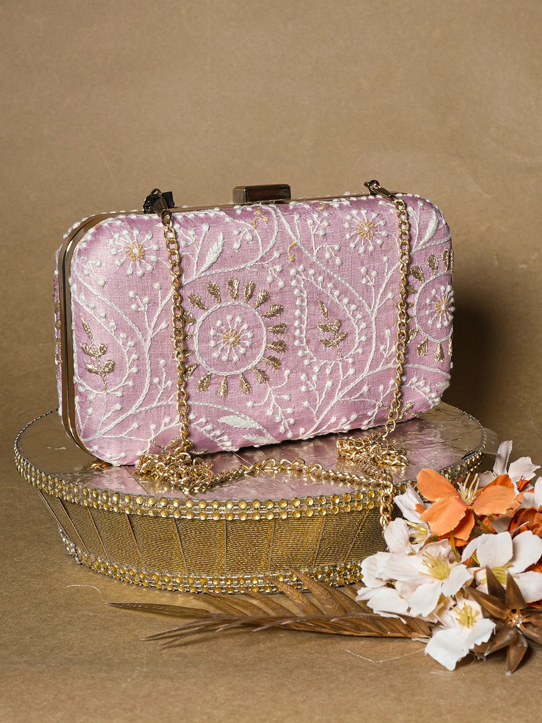 Ada Hand Embroidered Lavender Silk Lucknowi Chikankari Clutch With Zari Work 01A657083