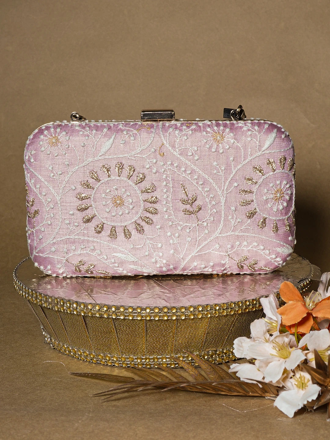 Ada Hand Embroidered Lavender Silk Lucknowi Chikankari Clutch With Zari Work 01A657083