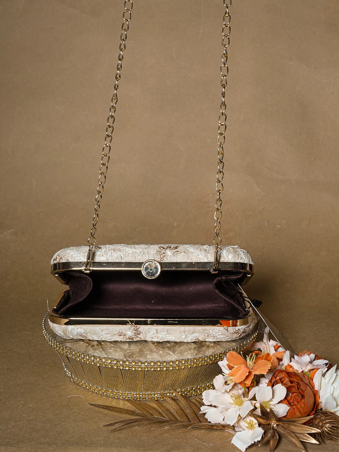 Ada Hand Embroidered Fawn Silk Lucknowi Chikankari Clutch With Zari Work 01A649300