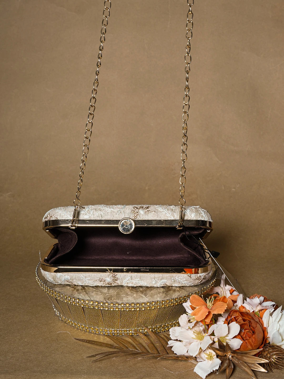 Ada Hand Embroidered Fawn Silk Lucknowi Chikankari Clutch With Zari Work 01A649300