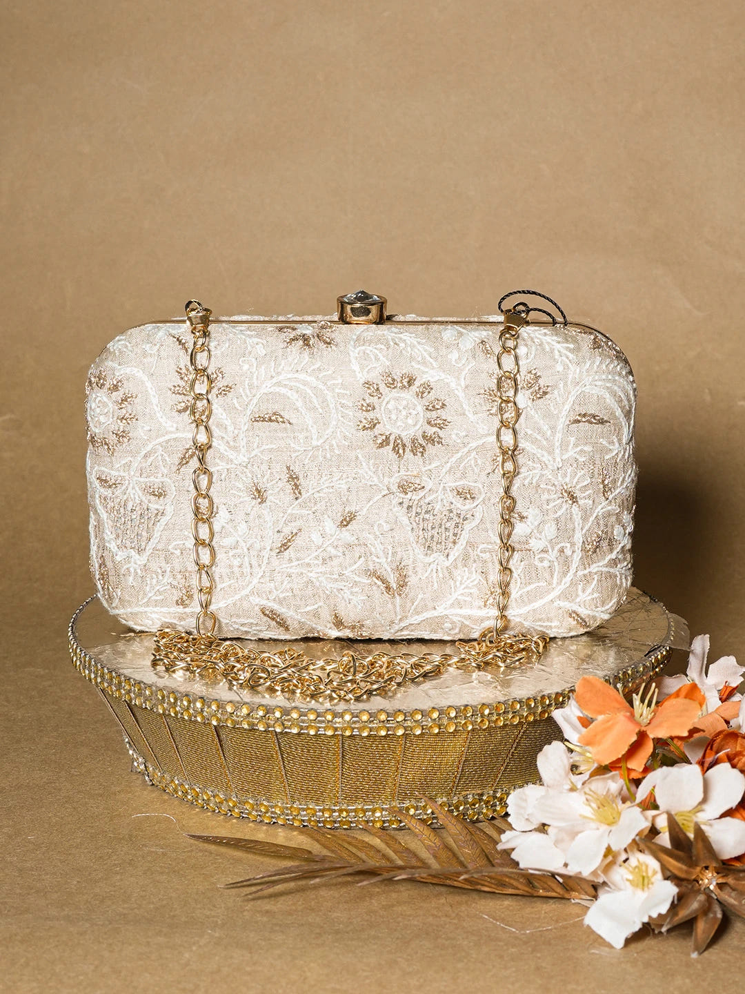 Ada Hand Embroidered Fawn Silk Lucknowi Chikankari Clutch With Zari Work 01A649300