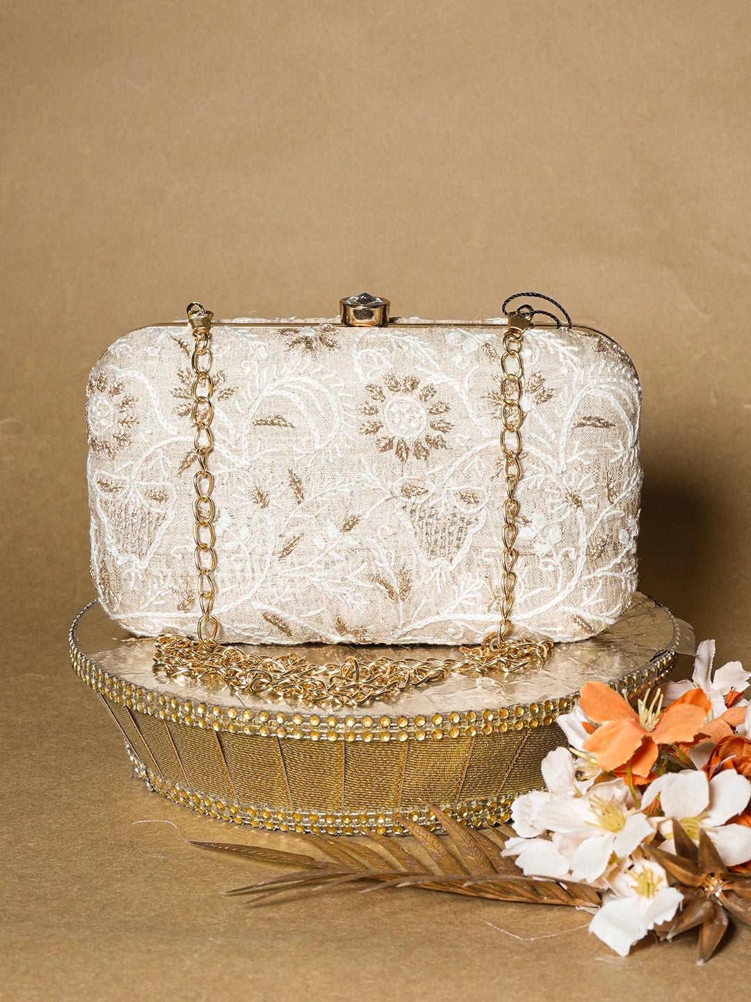 Ada Hand Embroidered Fawn Silk Lucknowi Chikankari Clutch With Zari Work 01A649300