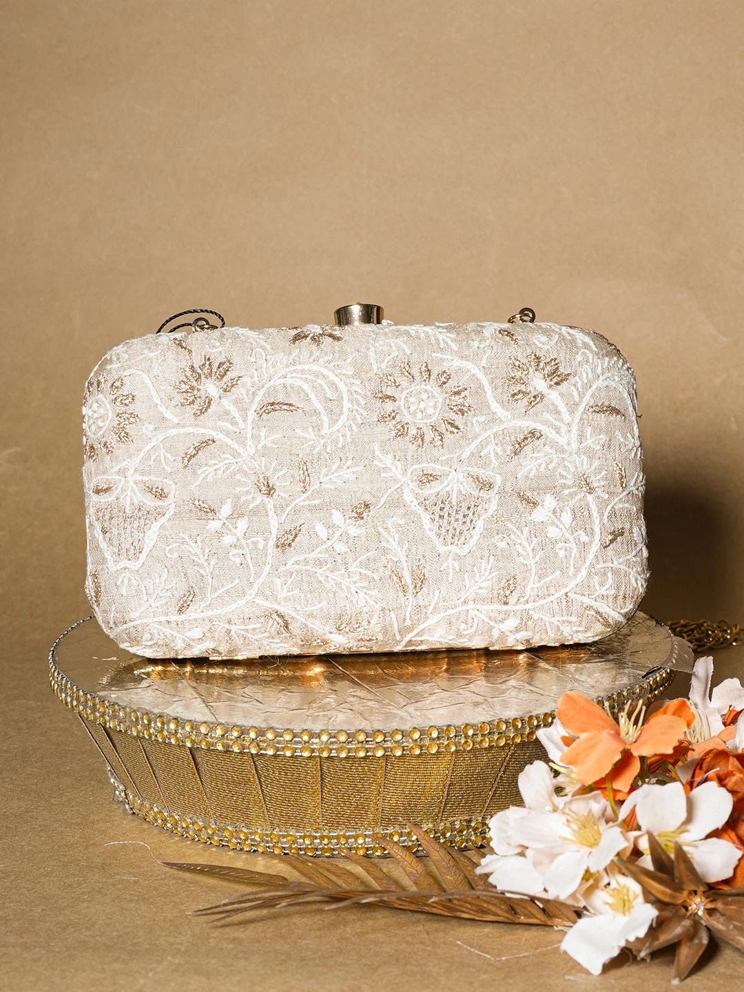 Ada Hand Embroidered Fawn Silk Lucknowi Chikankari Clutch With Zari Work 01A649300