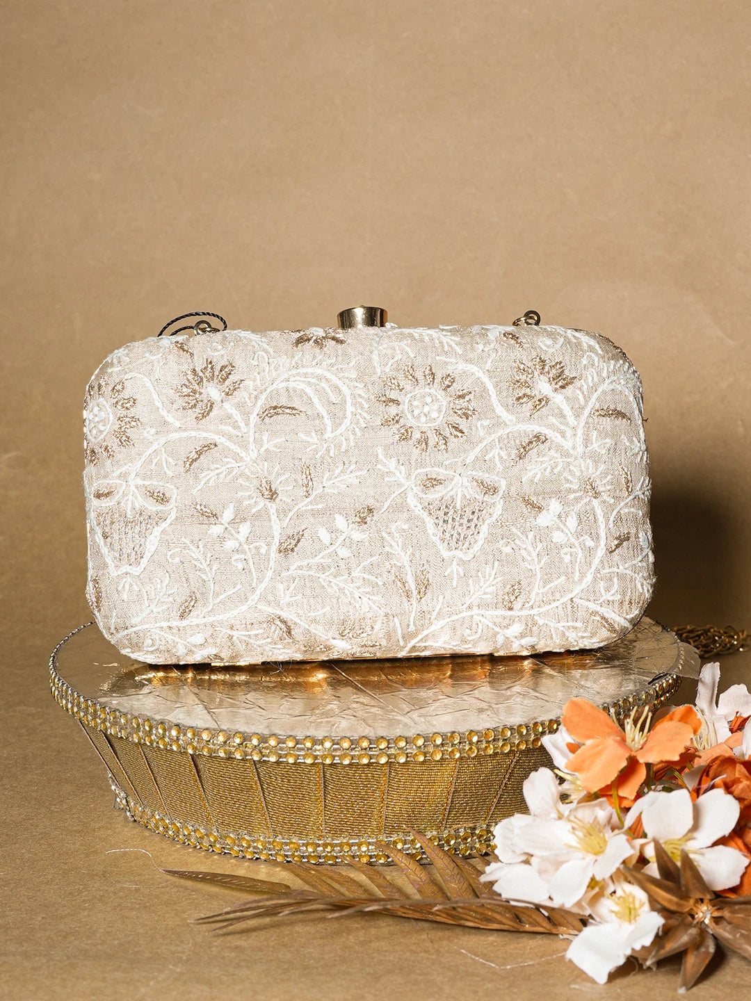Ada Hand Embroidered Fawn Silk Lucknowi Chikankari Clutch With Zari Work 01A649300