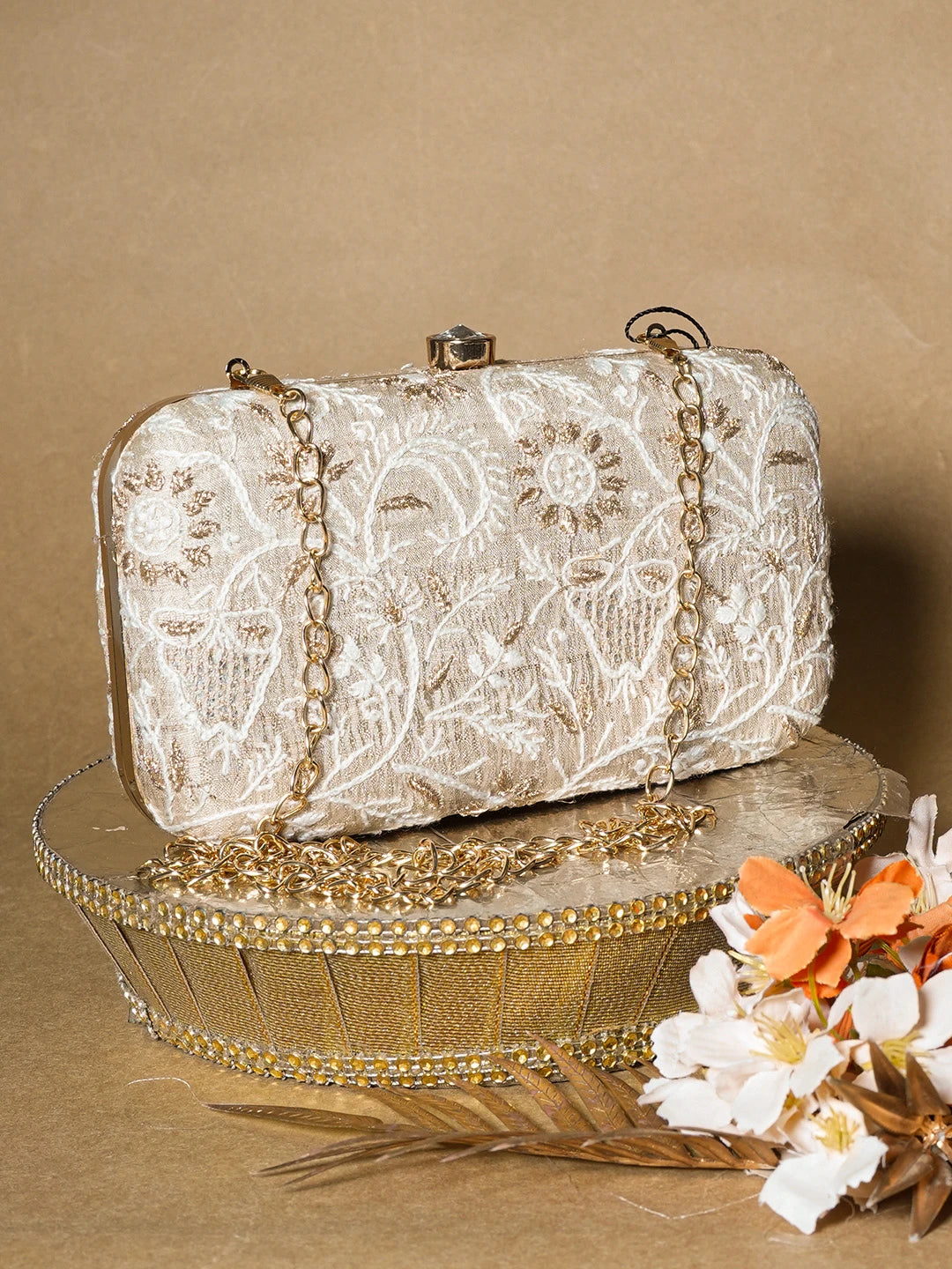 Ada Hand Embroidered Fawn Silk Lucknowi Chikankari Clutch With Zari Work 01A649300