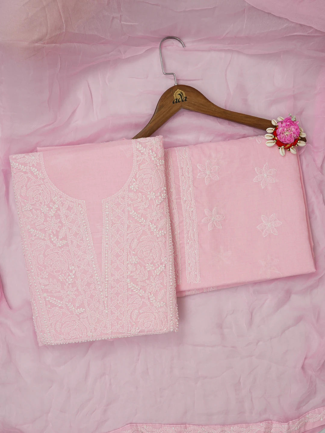 Ada Hand Embroidered Pink Cotton Lucknowi Chikankari Unstitched Suit Piece 01A670238