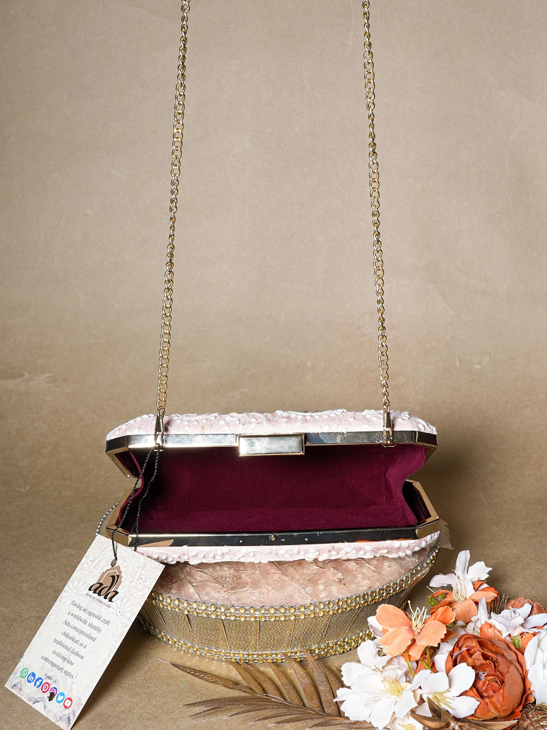 Ada Hand Embroidered Peach Silk Lucknowi Chikankari Clutch With Zari Work 01A657087