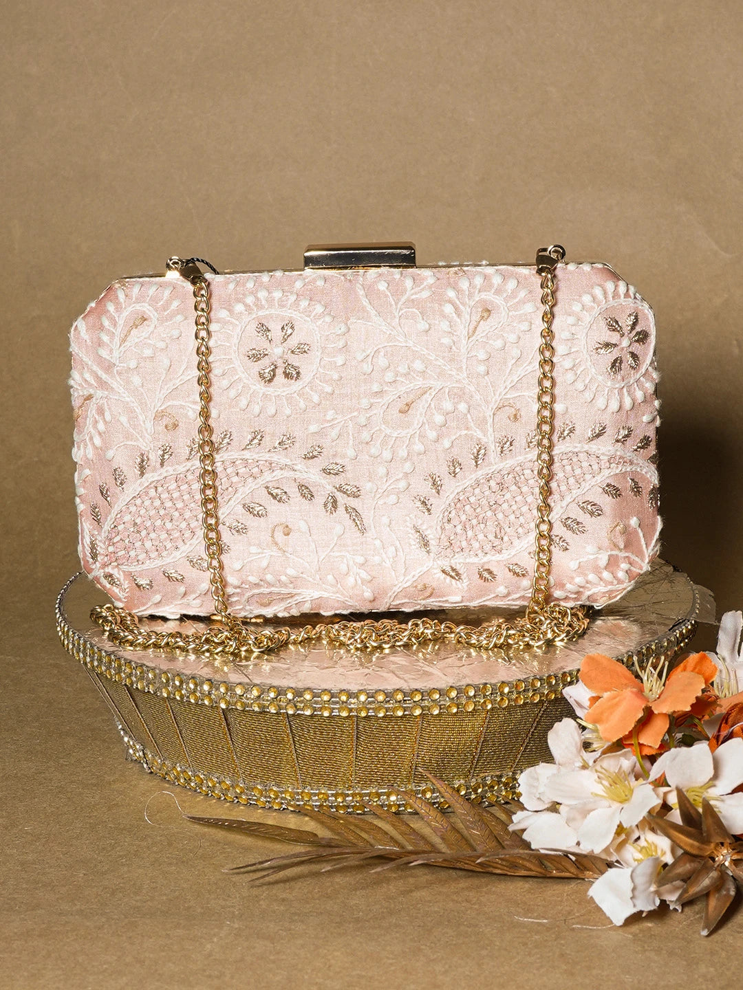 Ada Hand Embroidered Peach Silk Lucknowi Chikankari Clutch With Zari Work 01A657087