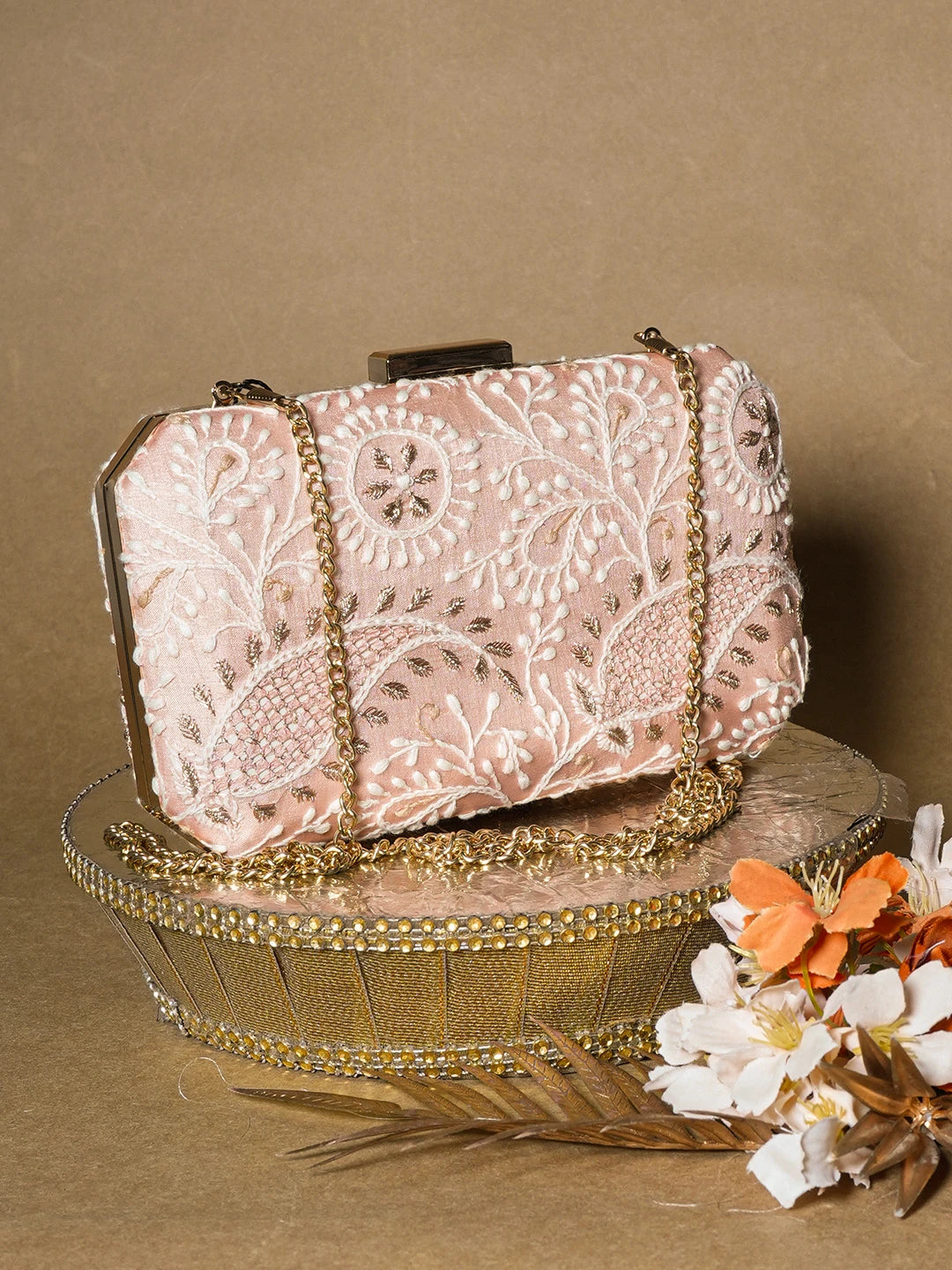 Ada Hand Embroidered Peach Silk Lucknowi Chikankari Clutch With Zari Work 01A657087