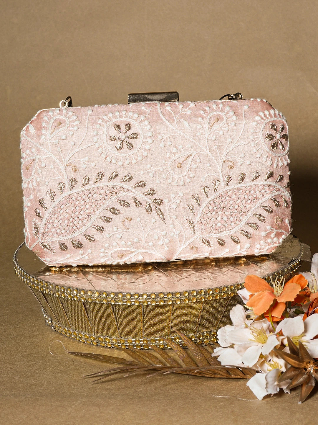 Ada Hand Embroidered Peach Silk Lucknowi Chikankari Clutch With Zari Work 01A657087